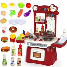 Kitchen Toys Imitated Chef Light Music Pretend Cooking Food Play Dinnerware Set Children Girl Toy Kitchen Sink with Running Water and Electronic Induction Stove (red kitchen)