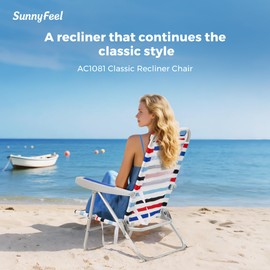 SUNNYFEEL Portable Beach Chair, High Back Folding Beach Chair, Lightweight Camp Chair with Reclining Position, Backpack Lounger for Beach, Camping, Lawn, Outdoor, Red Blue White Striped, 2 Pack