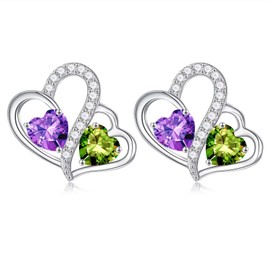 Iefil February August Birthstone Earrings for Women - Anniversary Birthday Gifts, Amethyst & Peridot Jewelry, 925 Sterling Silver Heart Birthstone Earrings, Jewelry Gifts for Her