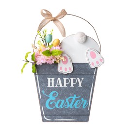Glitzhome Easter Welcome Door Signs Wooden Easter Bunny Wall Hanging Signs Bucket-Shaped Door Decorations