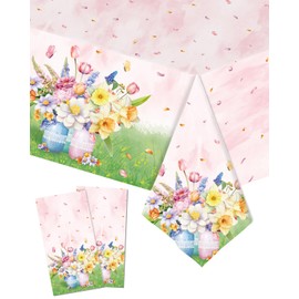 2 Pack Spring Floral Plastic Tablecloth, Pink Colorful Flower Butterfly Disposable Table Cover for Home Decor Summer Spring Picnic Dining Holiday Weeding Birthday Tea Party Decorations, 54 x108 Inch