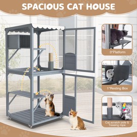 PETIMBER Catio Outdoor Cat Enclosure, 4 Tiers Wooden Cat House with Wheels, 63" Outdoor Catio for Multiple Cats with Waterproof Roof, 3 Platforms, 1 Resting Box, Cat Scratching Post