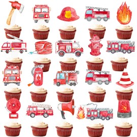 48Pcs Firefighter Theme Cupcake Toppers Fire Truck and Emergency Equipment Design Cupcake Toppers for Firetruck Firefighter Theme Birthday Party Fireman Baby Shower Supplies