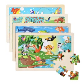 Litinliv 4 x 24 Pieces Children's Wooden Puzzle, Animal Wooden Puzzle, Animals Puzzle from 3 4 5 6 Years, Preschool Educational Toy Montessori, Children's Puzzle Children's Toy, Gifts for Children