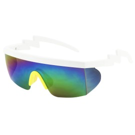 ShadyVEU Semi Rimless Neon Rainbow Sunglasses Mirrored Lens UV Protection 80s Retro Rave Shades Crooked ZigZag Bolt Arm (White w/Yellow Nose Pad/Rainbow Mirrored Lens)