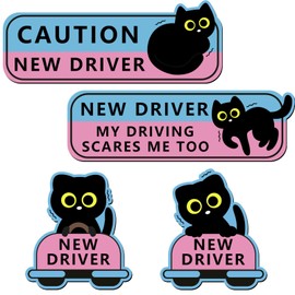 4Pcs Black Cat New Driver Car Magnet Sticker Safety Sign, Cute Shivering Cat Student Driver Sign for Car Bumper, Funny Cartoon Nervous Caution Reusable Supplies
