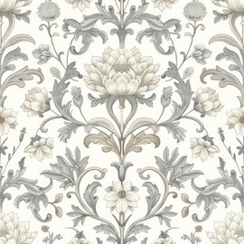REDAMANCY Vintage White Grey Damask William Morris Flower Peel and Stick Wallpaper Stick on Contact Paper Vintage Wall Paper Easy Peel Off for nightstand Drawer Cabinet Renter