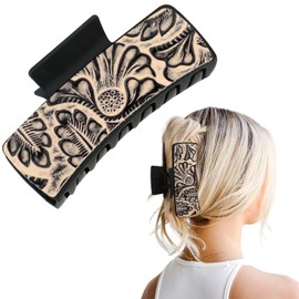 DEEKA Western Hair Clip for Women, Large Genuine Leather Brown and Turquoise Embossed Tooled 4" Hair Claw Clips, Country Girls Cowgirl Stuff, Hair Accessories for Thick Hair - Black