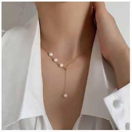 Yheakne Boho Pearl Y Lariat Necklace Gold Pearl Pendant Necklace Drop Pearl Y Necklace Vintage Necklace Choker Chain Jewelry for Women