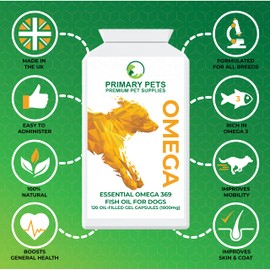 Primary Pets Premium Pet Supplies - Omega 3 fish oil for dogs 1000mg Omega 3 Gel Capsules. For Dry Skin, Allergies, Stiff Joints and, Dog Heart Supplement Dogs omega 3 Fish oil for dogs uk