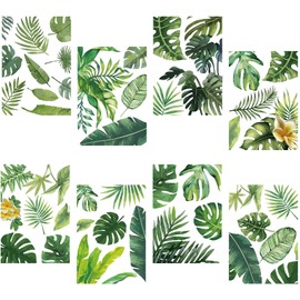 CRASPIRE 8 Sheets Green Leaf Window Stickers Tropical Leaves PVC Waterproof Self Adhesive Summer Wall Decals Natural Palm Plant Rectangle Removable for Stairway Home Decoration TV Wall Art
