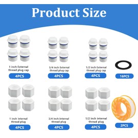 24Pcs Water Pipe Hex Thread Plugs, Plastic Plug Cap, 1’’ 1/2’’ 3/4’’ Male and Female Blanking Cap With Rubber Gasket for Washing Machine Faucet Hose