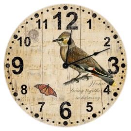 Sing Bird Wall Clock 10 Inch Arabic Numerals Wooden Vintage Clock for Walls Lovely Pet Non-Ticking Round Battery Operated Funny Art Cartoon Decor for Home Kitchen Living Room Office Bathroom