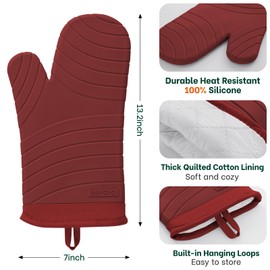 Beneno BPA-Free Silicone Oven Mitt 2-Pack Set, Heat Resistant 500°F Oven Mitts with Non-Slip Grip, Soft Thicker Lining, 7"x13", Red