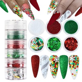 Christmas Nail Snowflake Glitter Powder Red Green Nail Charms Sequins Winter Holographic White Crystal Diamond Ice Aurora Sugar Sandy Dust Nail Powder for Face Hair Nails Design Decoration