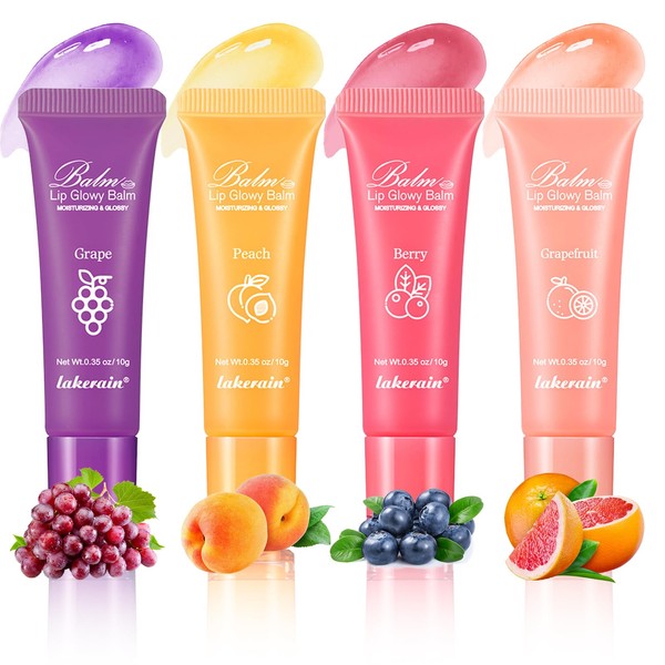 Hinourisha 4 Piece Fruit Lip Oil Set, Moisturizing Lip Balm,