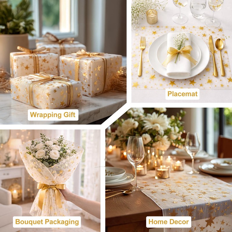 NALVXIN 11" W 108" L, 2 Rolls, Gold Star Decor