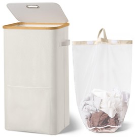 Coperat Laundry Basket with Lid,Collapsible Clothes Hampers for Laundry with Handles and Removable Inner Bag,Large Hamper with Internal Support for Laundry Room, Dorm and Bedroom,100L Beige