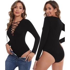SHAPERIN Crisscross Strappy Bodysuit Long Sleeve Women Deep V Neck Ribbed Bodysuits Top Leotards Body Suit Cutout Black L