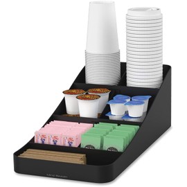 Trove 7-Compartment Coffee Condiment Organizer – Sturdy Plastic Coffee & Tea Station Caddy for Sugar, Creamer, Stirrers, Napkins, Cups & Lids – Compact Countertop Storage, Black, 7 3/4 x 16 x 5 1/4