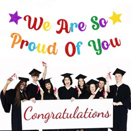 bng-bng Colorful We Are So Proud Of You Bunting Banner Glittery Graduation Congratulations Decoration Hanging Garland for Graduation Retirement Grad Party Decor Supplies (Pre-strung) Colorful