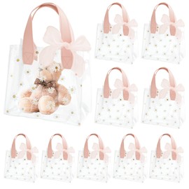 10PCS Small Gift Bags with Ribbon, 18 X 20 X 10cm Reusable PVC Clear Plastic Bags, Transparent Flower Tote Bag for Gift Packaging Wedding Birthday Shopping Boutique (Pink)