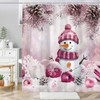 Pink Christmas Snowman Shower Curtain Xmas Balls Pine Cones Bathroom