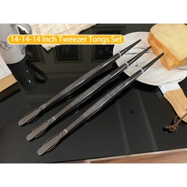JETKONG 14-Inch Long Stainless Steel Thin Tongs Heavy Duty Kitchen Cooking Tweezers Tongs, Set of 3 (14 14 14 Inch, Black)
