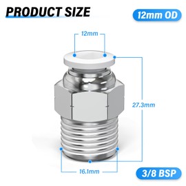 TAILONZ PNEUMATIC White Straight Male Thread 12mm OD x 3/8 BSP Push-in Fittings PC12-03 (Pack of 2)