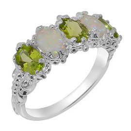 925 Sterling Silver Real Genuine Peridot and Opal Womens Eternity Engagement Ring - Size 6