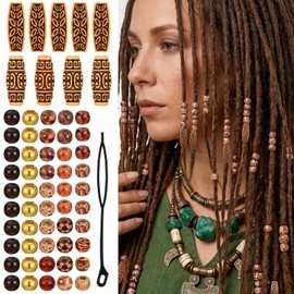 Matwsec 60 Pcs Vintage Wooden Hair Beads for Braids Large Hole Hair Jewelry for Dreadlock Loc Accessories Round Loose Bead Hairs Cuffs for Men Women Necklace Bracelet Hairs DIY Craft Handmade Decor
