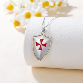 BETHZA Diamond Shield Necklace Knights Templar Cross Joshua 1:9 Shield Pendant S925 Sterling Silver Men's Verse Bible Armor of God Shield Necklace Jewelry Gifts for Father Husband Men