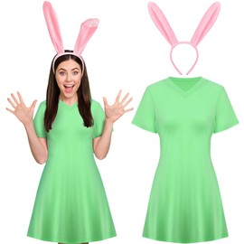 Vinsatin 2 Pcs easter Costume for Women Green Dress Pink bunny Ears Headband easter Bunny Cosplay Party Supplies(M)