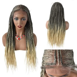 Knotless Cornrow Box Braided Wig For Black Women Lace Front Twist Braids Wigs Light Weight Curly Wigs For Black Women Braid Wig Long Realistic Hand-Braided Women (#1B/613T-#Black/BlondeT)