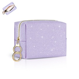 Cosmetic Bag, Small Cosmetic Bag, Mini Make Up Bag, PU Leather, Glitter, Portable Travel Cosmetic Accessory Organiser, Multifunctional Purse, Toiletry Bag, Tying Storage for Women, A-lip bag purple