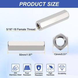 HiPicco Hex Coupling Nuts, 5/16-18 UNC 50mm/1.97" Length, 6 Pack 304 Stainless Steel Rod Coupling Nut for Threaded Rods & Studs