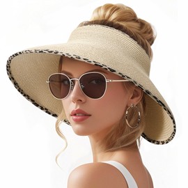 Sun Visors Hats for Women, Fashionable Straw Beach Hat with Wide Brim, Sun Hat UPF 50+ UV Protection, Roll-Up Ponytail Straw Summer Hat Foldable Travel