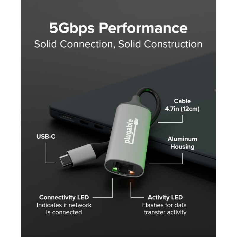 Plugable 5Gbps USB-C Ethernet Adapter | 5000Mbps Wired Network for