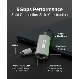 Plugable 5Gbps USB-C Ethernet Adapter | 5000Mbps Wired Network for Windows, macOS, and ChromeOS Laptops and Desktops | Realtek RTL8157 | Supports CAT6, CAT6a and CAT7 Cables (USBC-E5000)