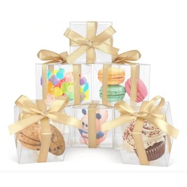 Dokpav 50 Piezas Caja de regalo transparente con cinta, caja de embalaje de plástico de 5x5x5 cm, cajas de plástico transparente para dulces, cajas de regalos para bodas, baby shower, fiestas