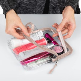 BORSALI TSA Approved Toiletry Bag - Clear Cosmetic & Travel Toiletries Organizer - Quart Size for 3-1-1 Liquids & Other Personal Items - For Luggage, Purse or Car, Carry Lotion & More - Taupe