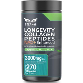 ETERNAL NUTRITION Longevity: Colágeno Hidrolizado Bovino + NAD+ (270 Caps) | Péptidos de Colágeno Hidrolizado Tipo I, II, III, V y X · 67 Porciones · 3000 mg · Piel, Uñas, Cabello y Articulaciones