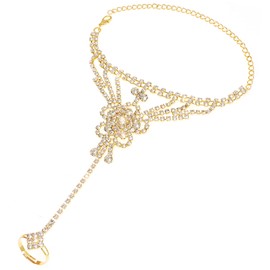 Wovanoo Rhinestone Finger Ring Bracelet Crystal Hand Chain Ring Bracelets for Women Gold 2