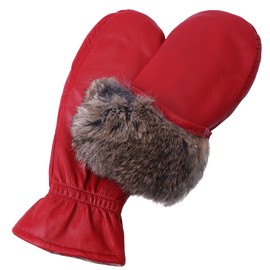 NOVBJECT Women Leather Mittens Finger Rabbit fur Lining Winter Sheepskin Soft and Warm, Red, S