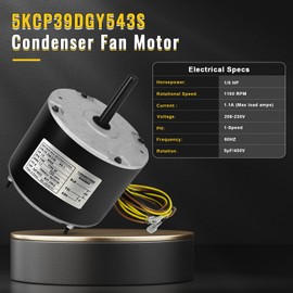 5KCP39DGY543S Condenser Fan Motor Replacement, 1/5HP, 1100RPM, 208-230V, Compatible with HC37GE219, HC37GE219A, 1191329, 1186447, 5KCP39EGUA11BS, Y7S623C269L, HB38GQ230, Y7S623C269L