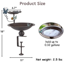 CaliDecor Bird Bath and Feeder for Deck Railing, 2 in 1 Deck Mounted Balcony Birdbath with Vivid Butterfly Decor, Metal Bird Bath for Outdoors Porch Patio Garden