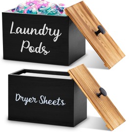 Dandat 2 Pcs Wood Rustic Laundry Dryer Sheet Holder Pod Container with Lid 8.7 x 6.3 x 6.4 Inch Laundry Pod Holder 7.3 x 3.7 x 5 Inch Dryer Sheet Dispenser Wooden Box Container(Black)