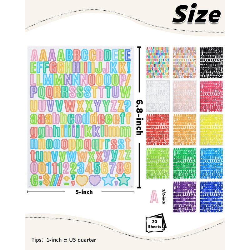 1/2 Inch Small Vinyl Letter Number Stickers, 3100 Pieces Multi