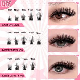 Self Adhesive Lash Clusters Kit Flu-ffy 8-16mm No Glue Lashes Press On Lashes, 60 Pcs Glueless DIY Eyelash Extensions Kit Pre Bonded Lash Clusters with Eyelash Curler and Lash Tweezers(No Glue FD27)