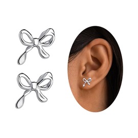 Tiny Silver Bow Stud Earrings Solid 925 Sterling Silver Earrings for Women Girls Small Ribbon Stud Earrings Bowknot